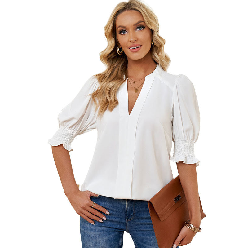 Chemise Shiying à manches mi-longues et col en V pour femme