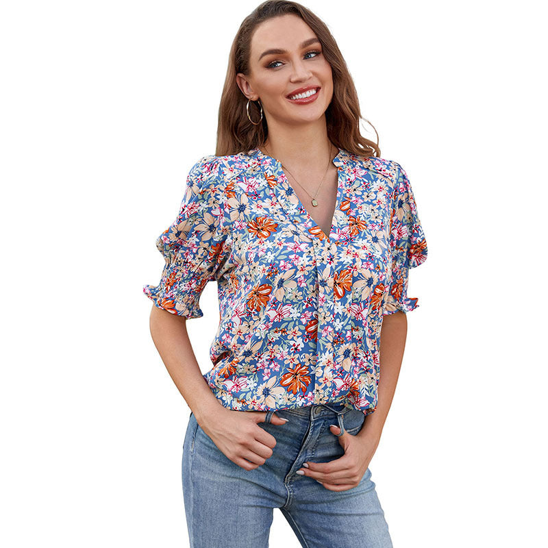 Chemise Shiying à manches mi-longues et col en V pour femme