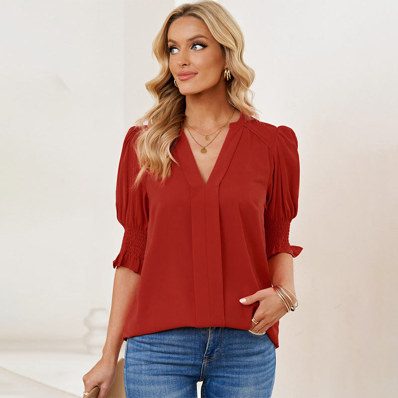 Chemise Shiying à manches mi-longues et col en V pour femme